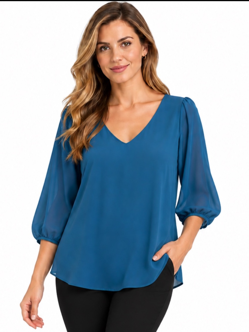 Charlotte Russe Teal Blue Chiffon Blouse V Neck Balloon Sleeve Romantic Workwear